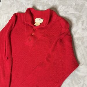 Vintage LL Bean Henley Sweater Men's L Red USA Made Fisherman Knit 100% Cotton